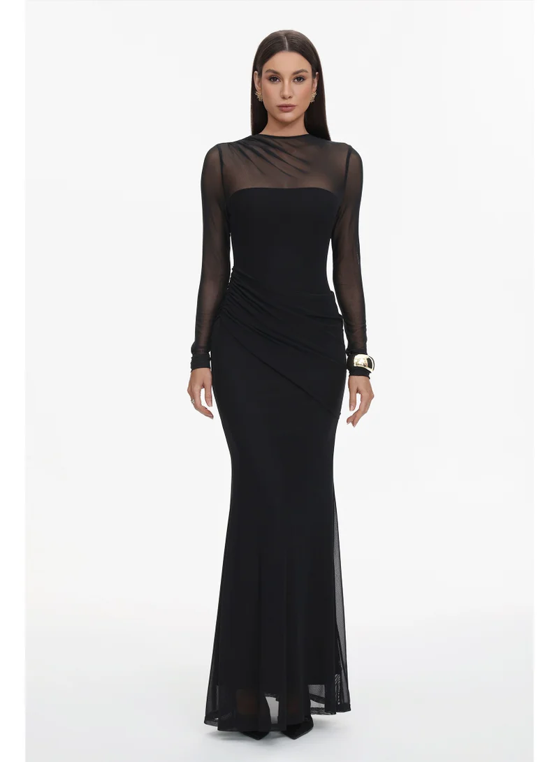 Bella Barnett Tiaka Elegant Contour Long Sleeve Drape Mesh Knit Maxi Dress